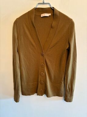 Tory Burch “Simone” Caramel brown Logo-Button V-Neck Merino wool Cardigan XS